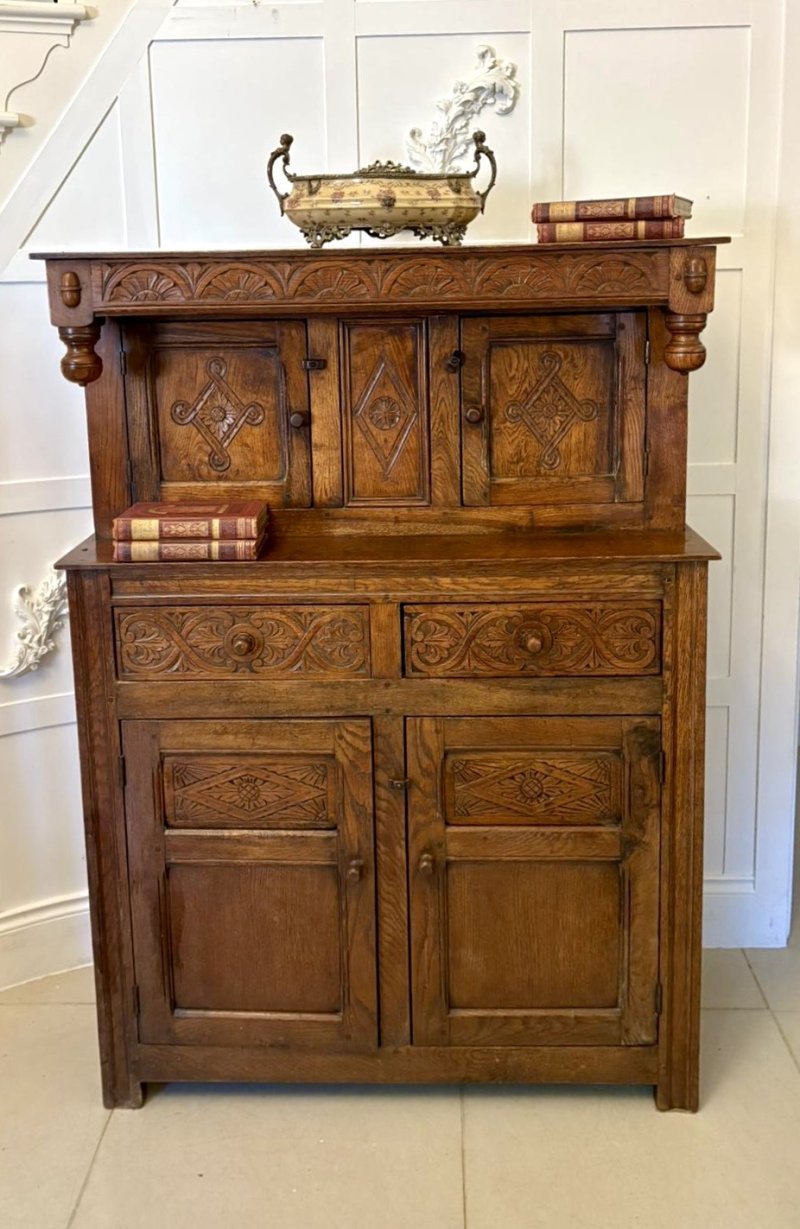 Quality Antique Carved Oak Court Cupboard with Ipswich Carving